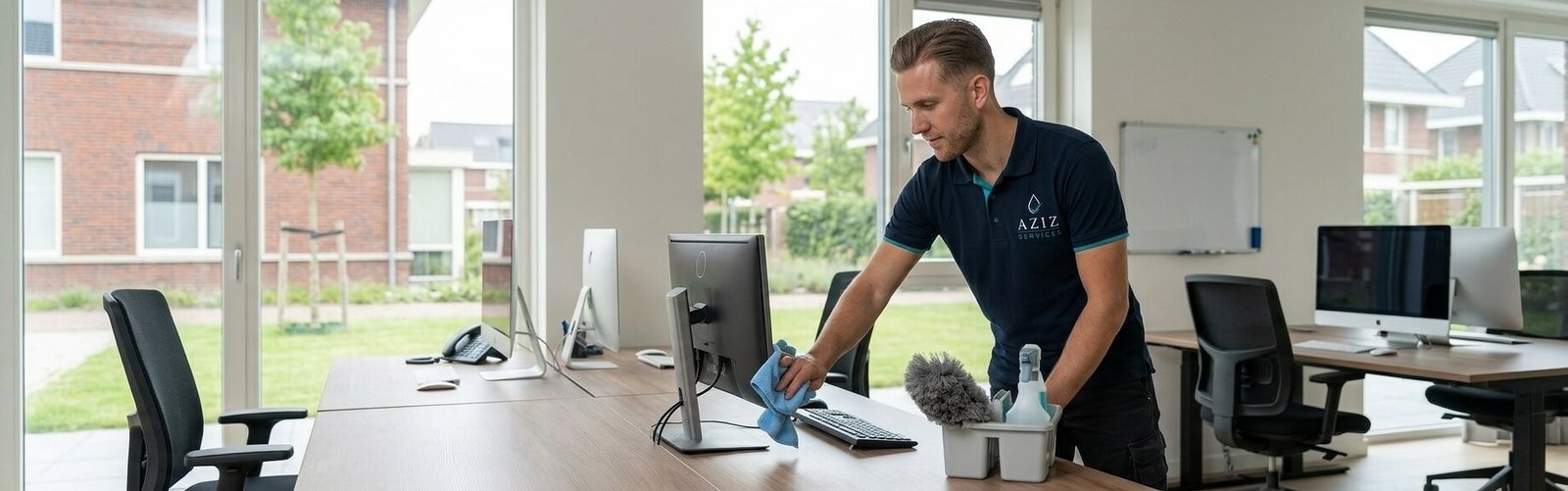 Medewerker van Aziz Services reinigt een werkplek tijdens periodieke schoonmaak.