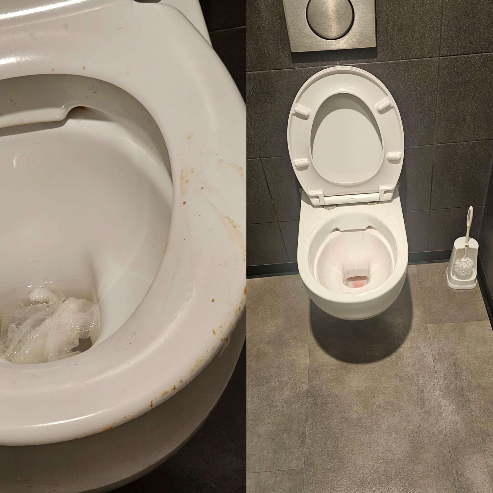 Voor en na grondige reiniging van een toilet door Aziz Services.