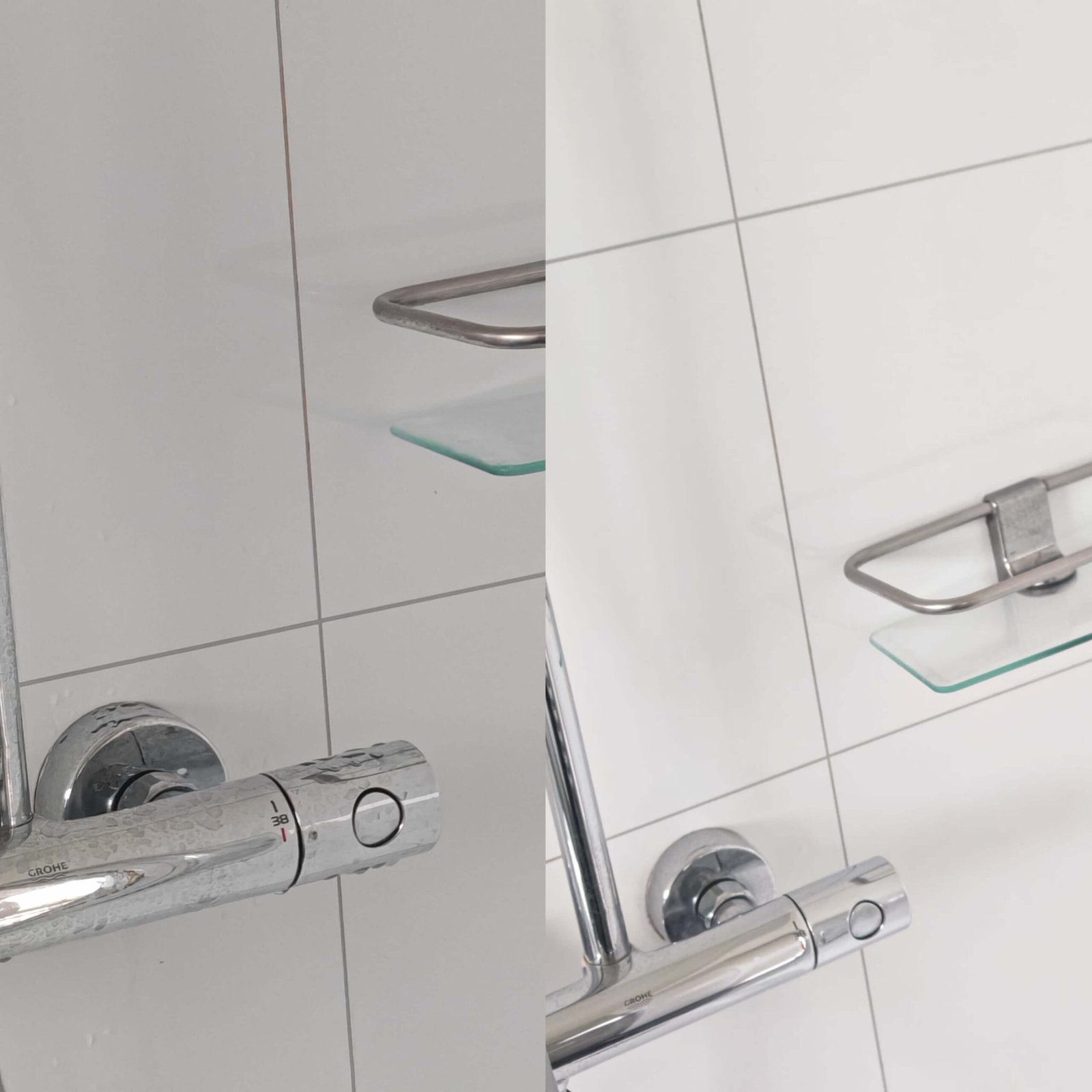 Voor en na verwijdering van kalk en vuil in een douche door Aziz Services.