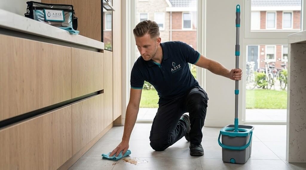 Medewerker van Aziz Services maakt een vloer schoon tijdens een spoedservice.