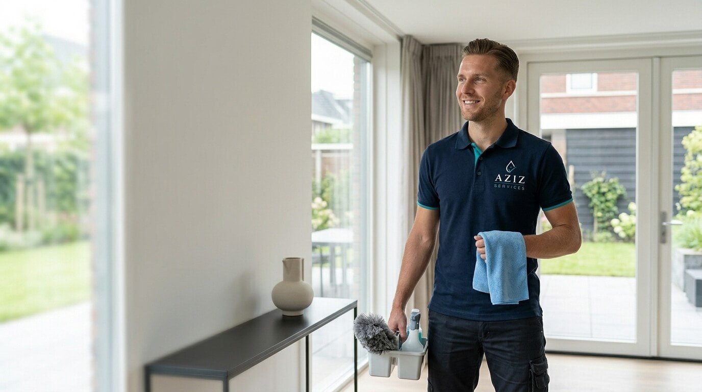 Medewerker van Aziz Services tijdens schoonmaakwerk bij een klant.