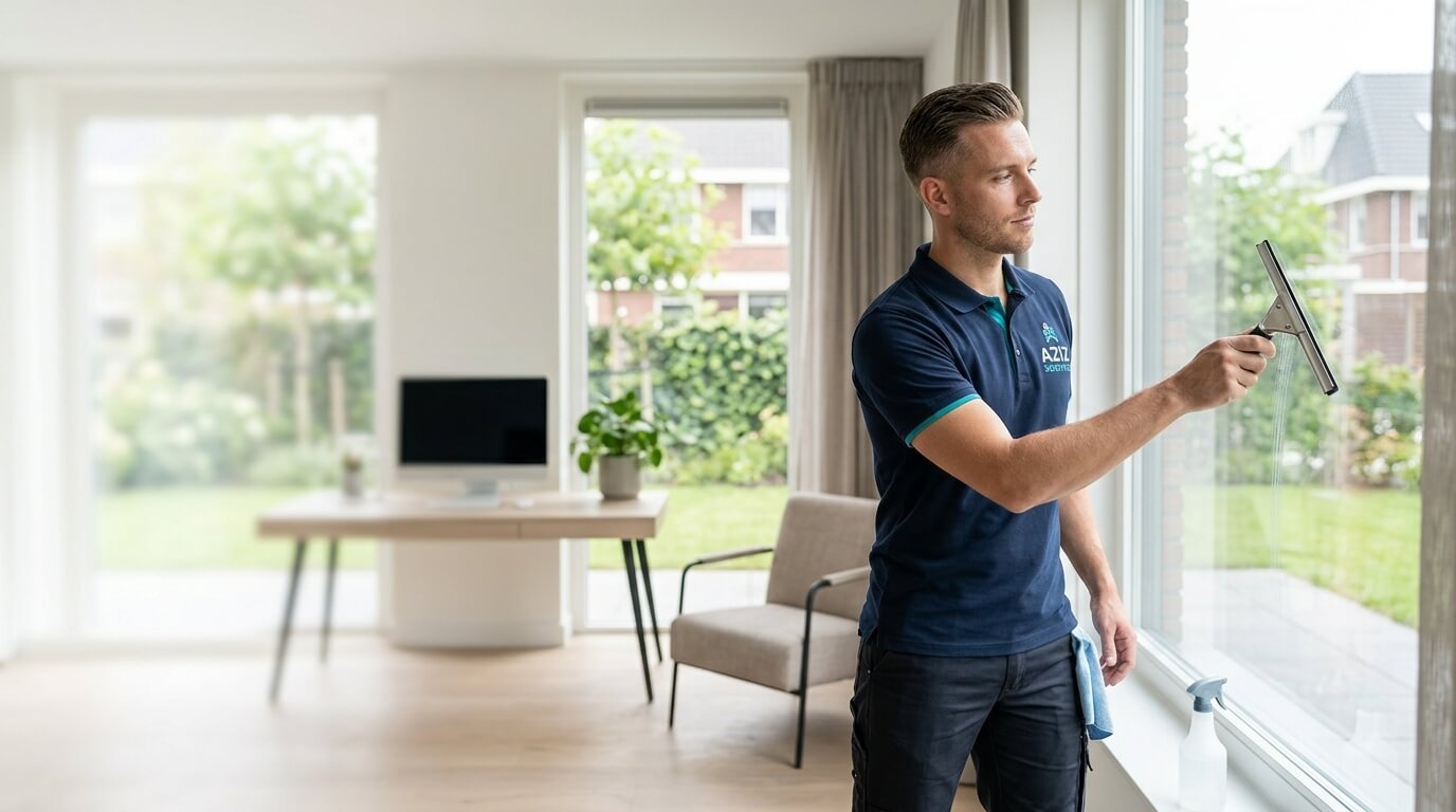 Medewerker van Aziz Services maakt een raam schoon in een woning.