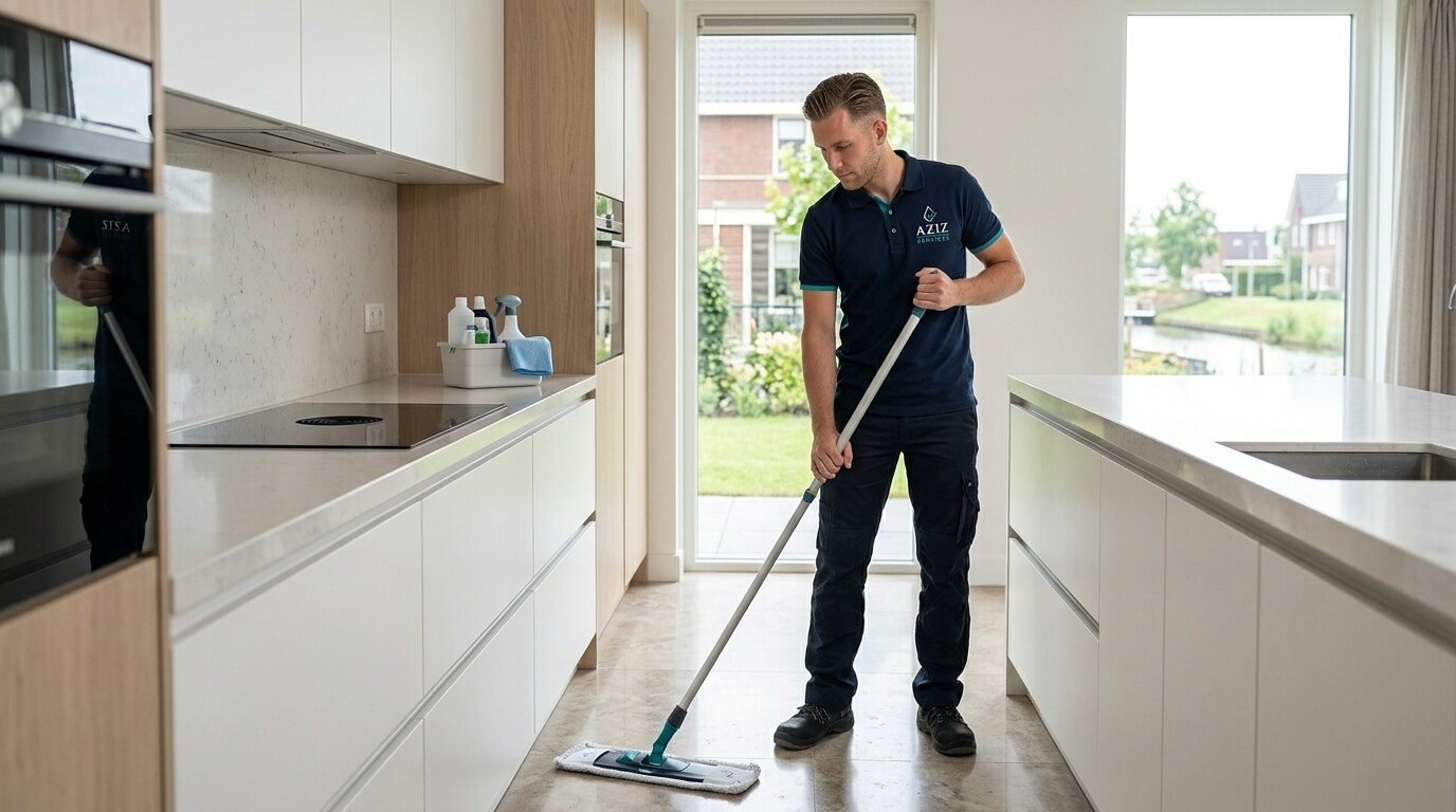 Medewerker van Aziz Services dweilt de vloer in een keuken na oplevering.
